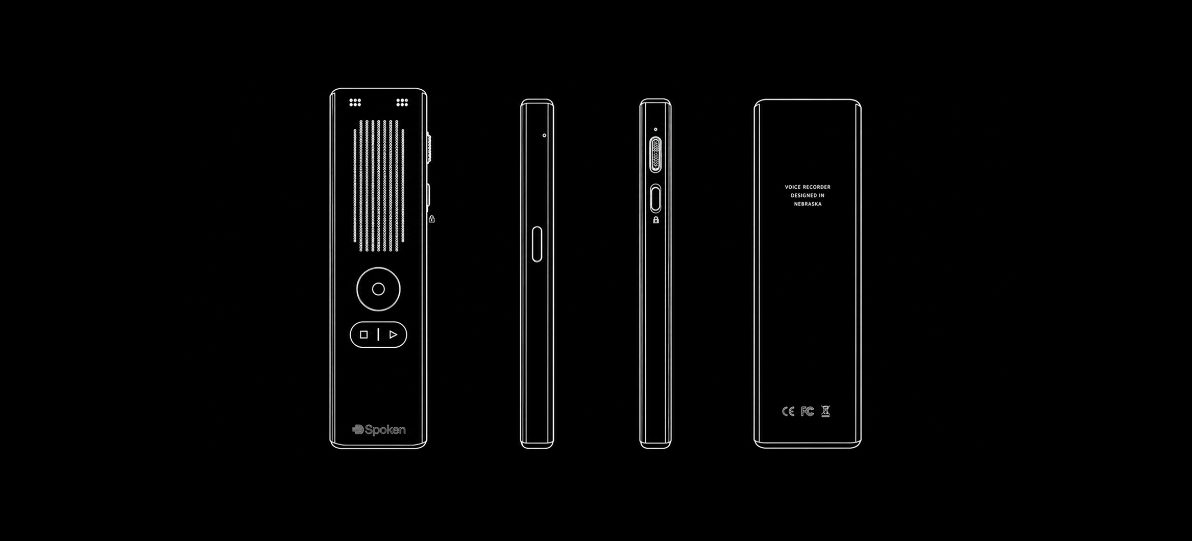Technical line drawings of the Spoken recorder: front, both sides, and back.